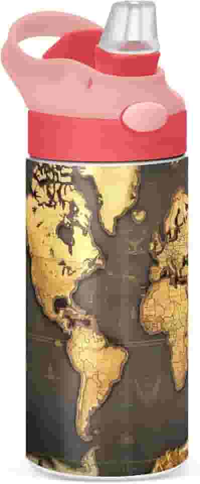 Garrafa de água infantil isolada com tampas de canudo Garrafas de água de aço inoxidável para crianças Mapa do Mundo de 350 ml