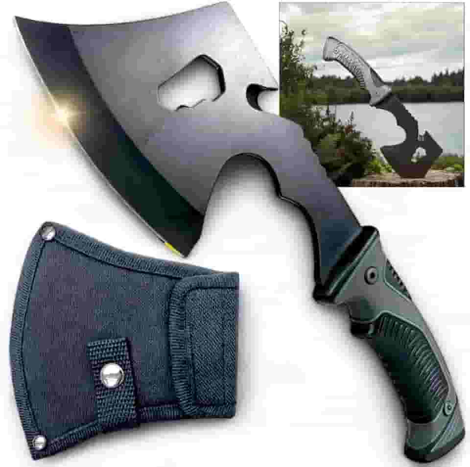 Machado Tático Premium Com Cabo Emborrachado, Lâmina Afiada, Resistente e Compacto, Ideal para Sobrevivência, Camping, Aventuras ao Ar Livre, Cortes de Madeira, Caça e Uso em Emergências.