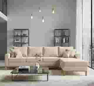 Sofá Beny com Chaise Direita, 2,60x1,40m, 4 Lugares, Linho, Base em Madeira. (Cru)