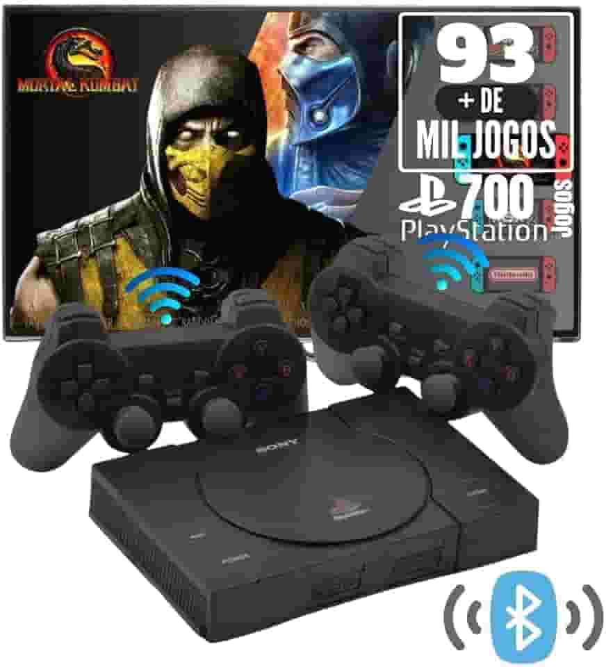 Game Retro Mini PS1 Black Console de Jogos 2 Controles 93 Mil Jogos Sistema Atualizado (Black, Controles sem fio)