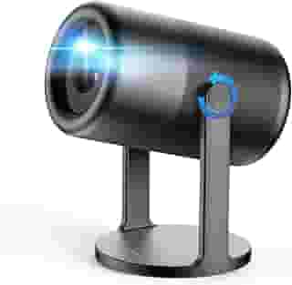 Mini Projetor Portatil 4K 1080P Full HD, 5G Wifi 6 BT 5.0 Android 11, LED Projector 10000 Lumens Auto de Correcção Trapezóide Horizontal, 180°Girável Projector para Telefónico com Base Cinza