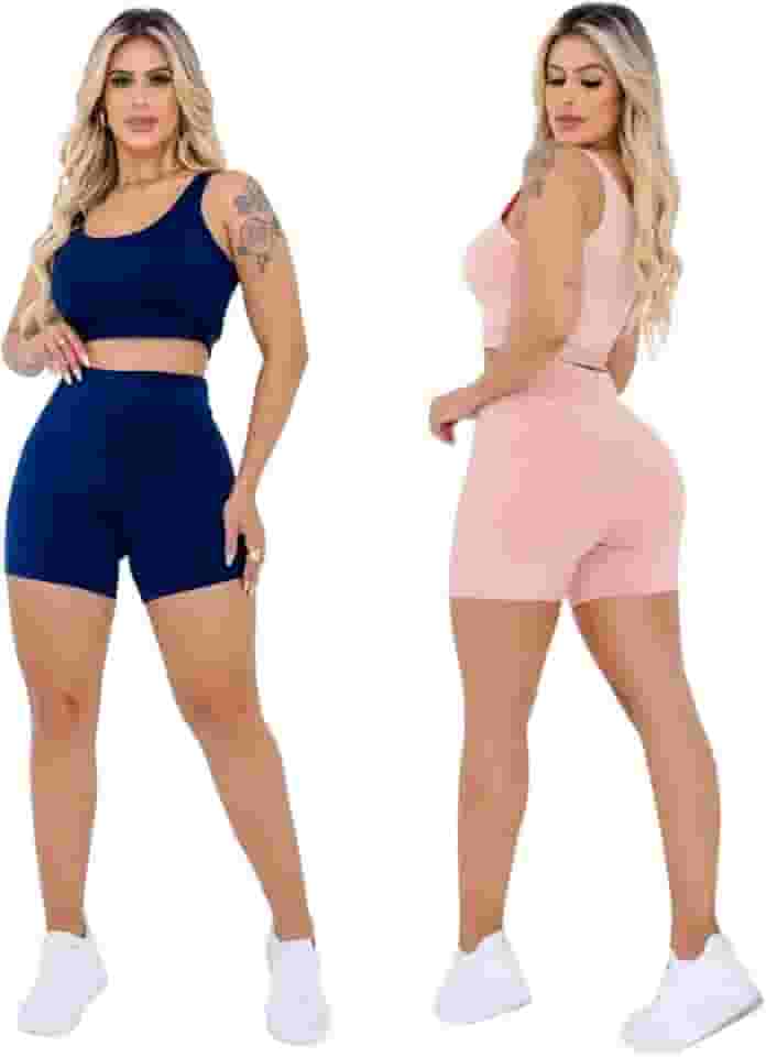 Kit 2 Conjuntos Fitness Short E Top Roupas Para Academia Outfit Gym Sports Treino Perfeito Tecido Premium Confortável Suplex