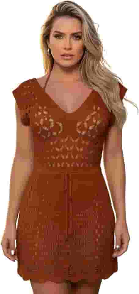 Saida de Praia Crochê Vestido Curta Tricot Rendado Cinturada Manga Curta Elegante Saida de Banho Piscina Canga Verão