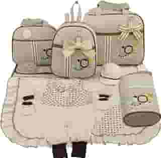 KIT BOLSA MATERNIDADE 5 PEÇAS SAFARI BABY + SAIDA MATERNIDADE MENINO. (Bege)