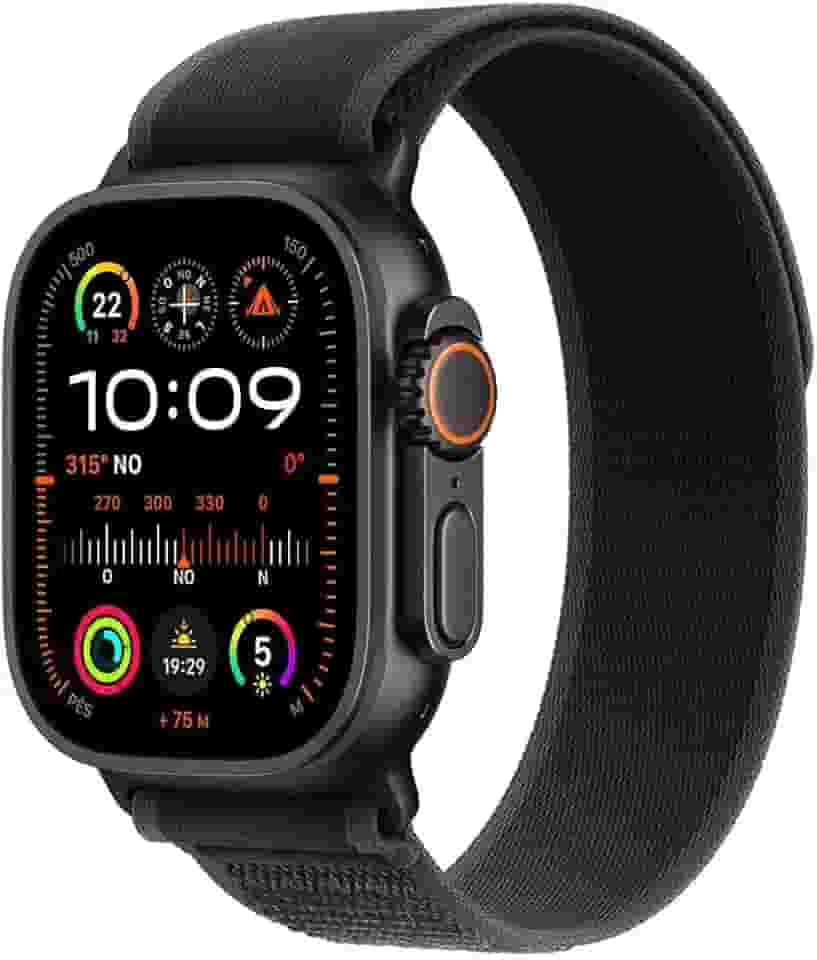 Apple Watch Ultra 2 GPS + Cellular • Caixa preta de titânio – 49 mm • Pulseira loop Trail preta – M/G