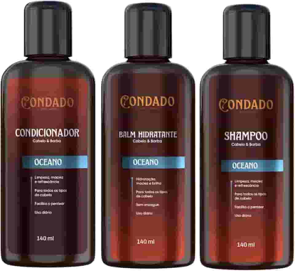 Kit Shampoo Condicionador Balm Hidratante Masculino Refrescante Cabelo Barba Hidratação Limpeza Condado (Oceano (Refrescante))