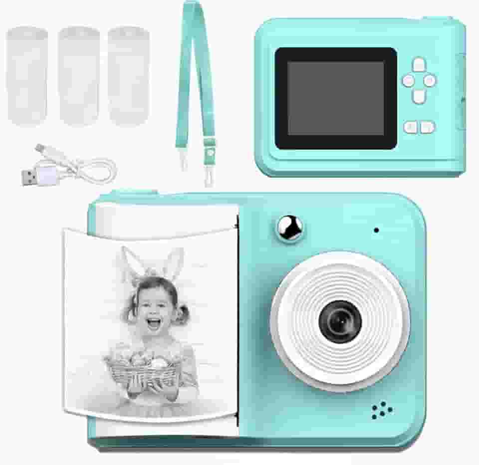 【Câmera Infantil HD de 48MP】Câmera Instantânea Pronta para Impressão com Música MP3, 5 Jogos e Kit Criativo para Desenho DIY (Azul)