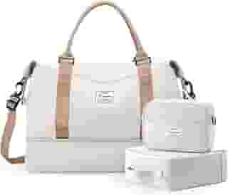 Bolsa de viagem feminina, bolsa de viagem para o fim de semana com compartimento para sapatos, bolsa de viagem para itens pessoais, conjunto de 3 peças, Bege e marrom