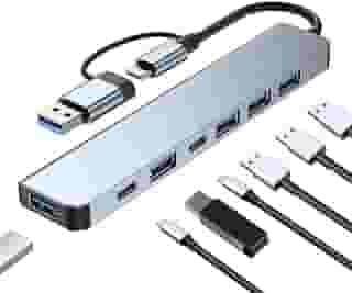 Hub USB 7 em 1 com USB 3.0 e Tipo C - Expansão Versátil com 5Gbps - Compatível C/MacBook, PC, Laptops, Pen Drive, Mouse, Teclado - Ideal para Transferência de Dados e Conexão de Múltiplos Dispositivos