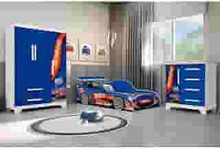 Jogo Quarto Infantil Completo Carro Com Colchão - Azul
