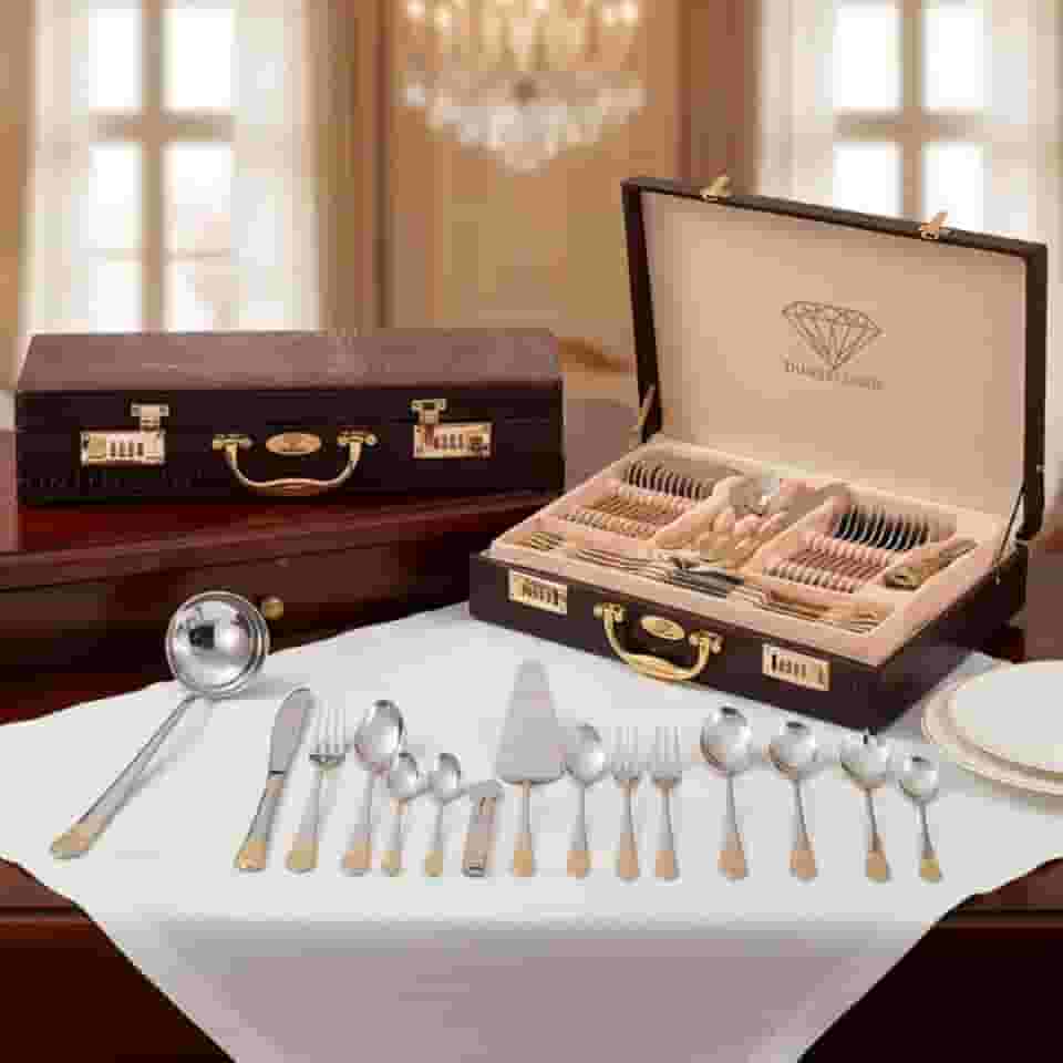 Faqueiro Jogo de Talheres Inox Luxo 84 Peças Dourado Banhado a Ouro Maleta de Couro