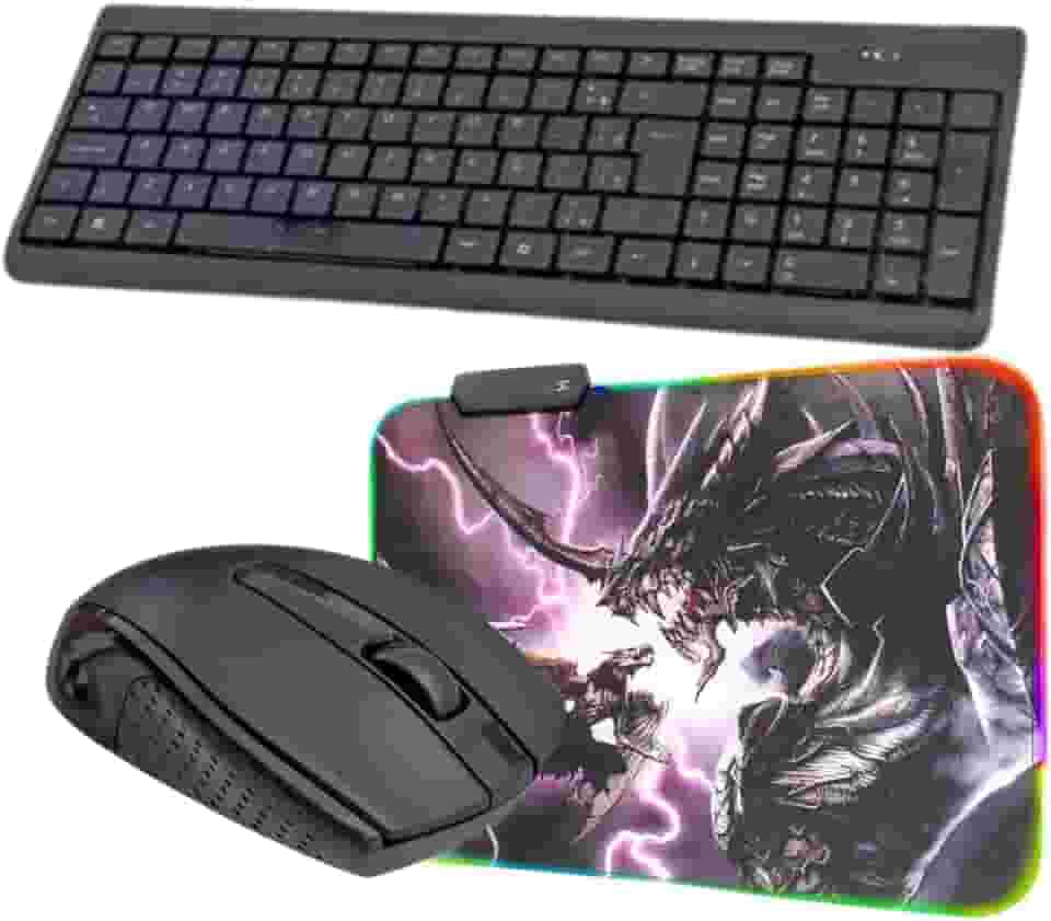 Kit Teclado e Mouse Sem Fio Optical Sem Fio 2.4 Ghz+ Mousepad Gamer RGB Antiderrapante Luz Led 35x25cm