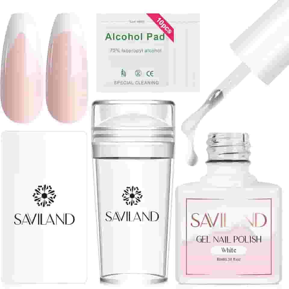Saviland Kit de manicure francesa - 13 peças de carimbos de unha franceses com conjunto de esmaltes de gel branco, carimbo de unhas de silicone e raspador kit de carimbos para unhas francesas, faça você mesmo salão