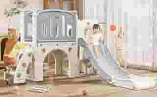 Escorrega, Parquinho, Escorregador 3 Degraus, Escorregador de Plástico, 7x1, Compacto E Fácil Montagem, com Escorregador, Cesta de Basquete, Escalada, Luneta