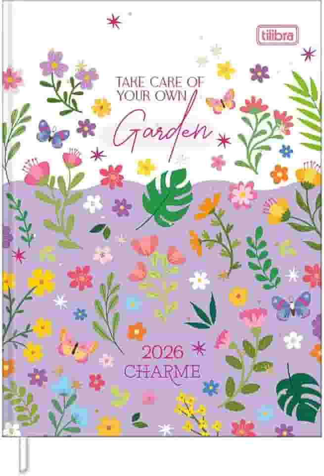 Tilibra - Agenda Costurada Diária 12,3 x 16,6 cm Charme 2026 - Flores fundo branco e roxo