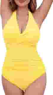 COCOPEAR Maiô cruzado de uma peça, cintura alta, controle de barriga, franzido frente única, roupa de banho push up para mulheres, Amarelo, XGG