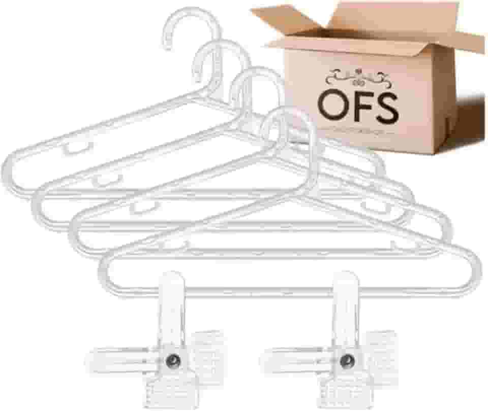 Kit 10 Cabides Acrílico Transparente Tradicional Fino + 5 Presilhas para Roupas – Closet, Guarda-Roupa e Loja