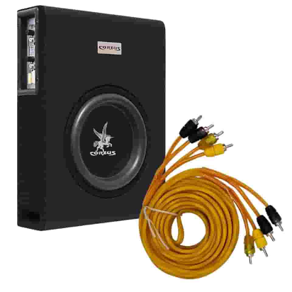 Caixa Automotiva Amplificada 350W Subwoofer 8'' Slim 3 Canais Corzus + Cabo Rca 4 Vias Blindado Som Profissional 5 Metros Vipertron
