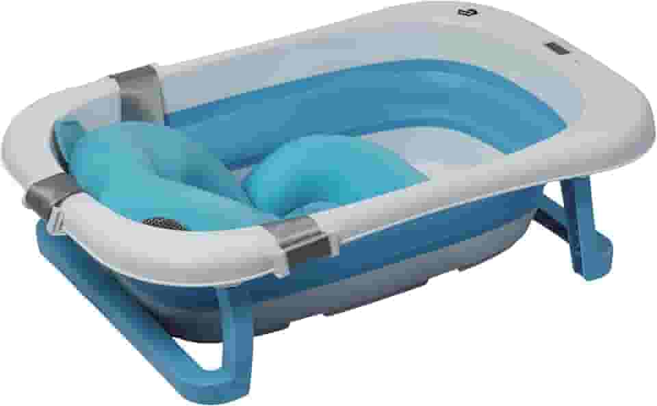 Banheira Bebê Dobrável Rígida Infantil Confortável Segura Azul e Rosa Com Termômetro Portátil Com Almofada De Banho (Azul)