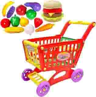 Carrinho de Supermercado com Compras com 12 Frutas e Legumes + Hambúrguer de montar