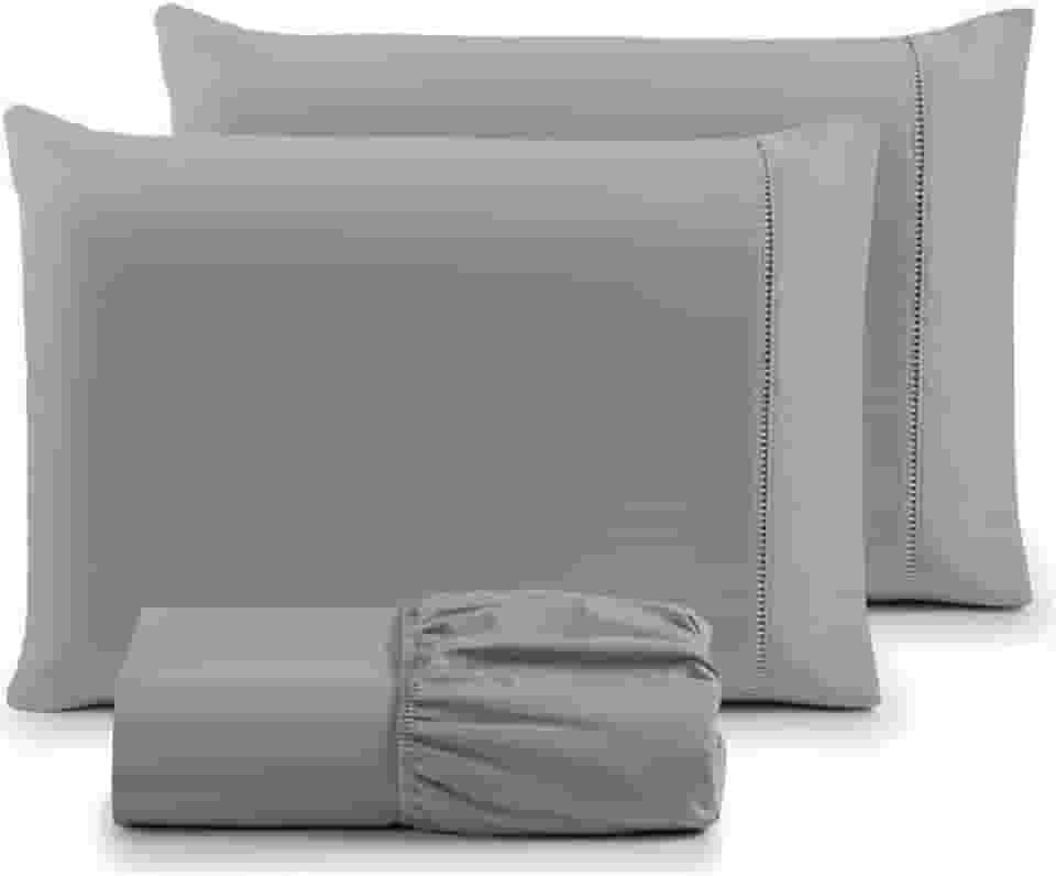 Jogo de Lençol Casal 3 Peças Micropercal 400 Fios com Ponto Palito | Toque Acetinado de Hotel, Não Amassa, Anti Bolinha - Cor Cinza