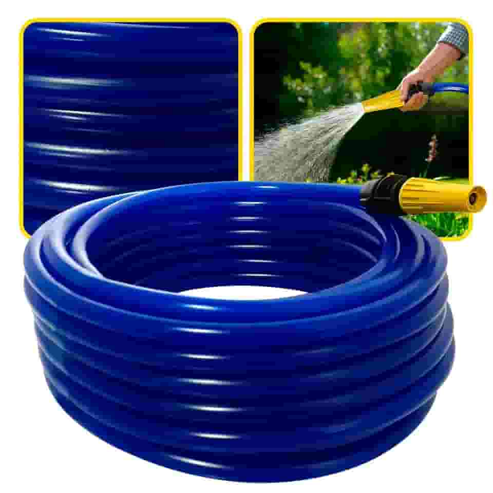 Mangueira de Jardim Antitorção com Parede Reforçada e Esguicho e União Adaptador de Torneiras Acoplados (Mangueira Azul, 50 metros)