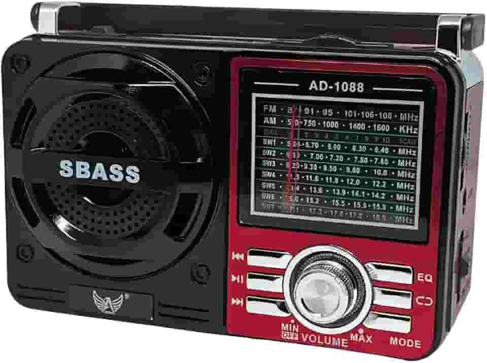 Rádio Portátil 1088 com Bluetooth Bivolt com USB Cartão SD Auxiliar P2 e Pilhas Entrada AC Recarregável AM FM SW (Vermelho)