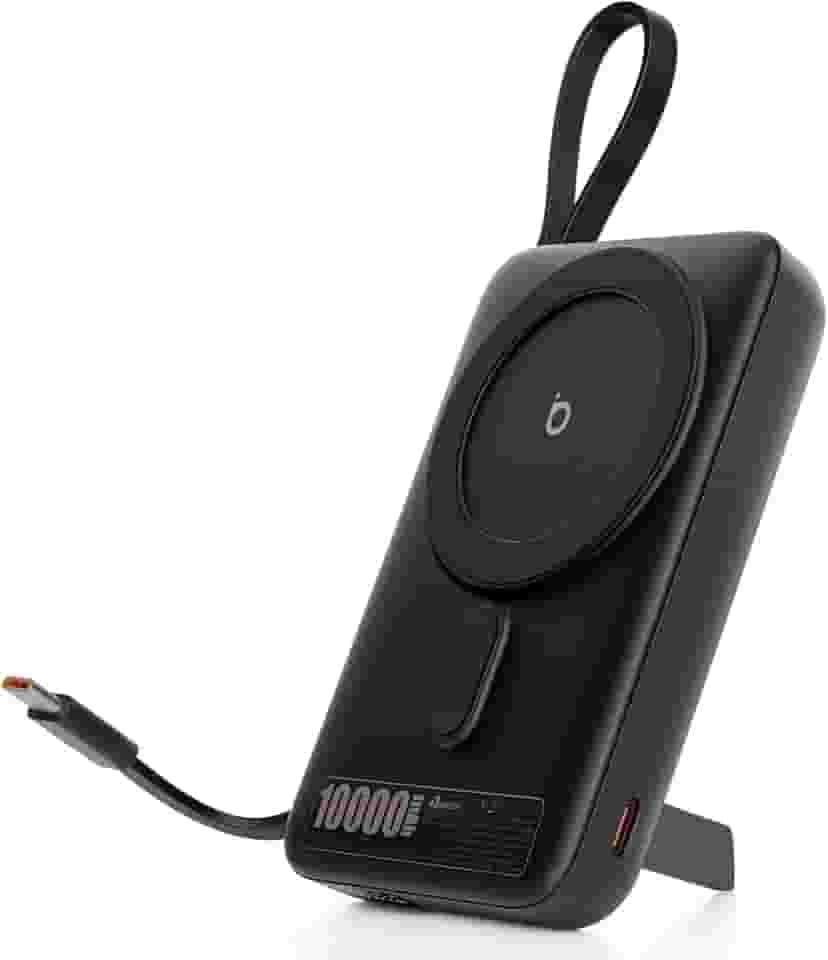 Basike Carregador Portatil, Power Bank Indução 10000mAh com Suporte Integrado, Ultrafino e Portátil, Carregamento Rápido Sem Fio + Cabo Tipo C 22.5W(MAX) Compatível com MagSafe (Preto)