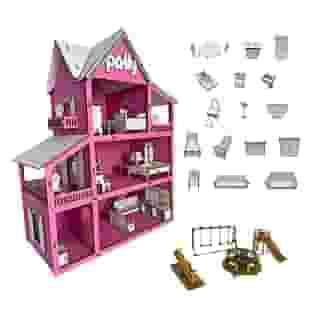 Casinha Boneca Em Mdf Pintado Rosa 43 Cm + 19 Mini Moveis e Kit Parquinho