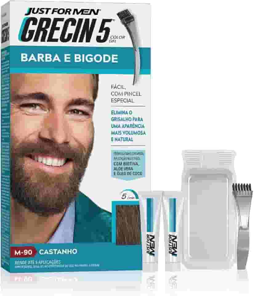 Just For Men Grecin 5 Color Gel, Barba e Bigode, Tonalizante que Elimina o Grisalho, Aparência Natural, Cor M90, Castanho, 28g