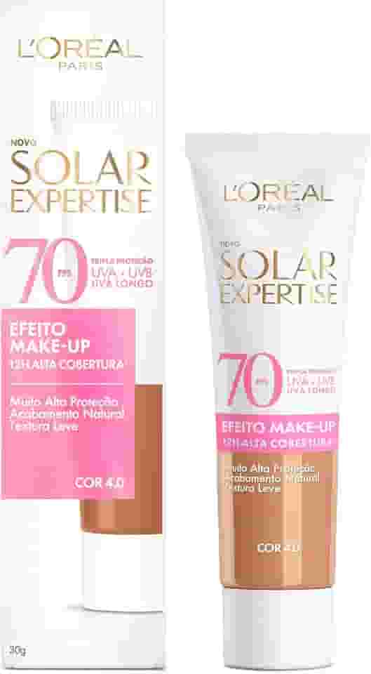 L'Oréal Paris Solar Expertise Efeito Make-Up, Protetor Solar com Cor FPS 70, Cobertura de Maquiagem por até 12h, Tripla Proteção Solar contra raios UVB, UVA, UVA Longo e Luz Visível Cor 4.0, 30g