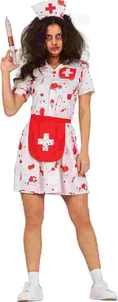 Fantasia Halloween Enfermeira Assassina Zumbi Sangrenta Feminina Adulta Com Tiara e Avental