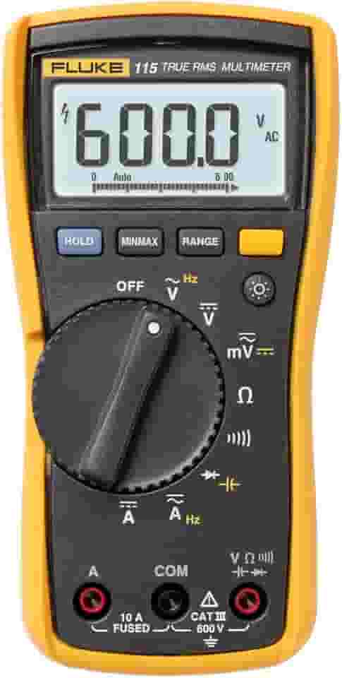 Fluke Multímetro digital 115, mede tensão CA/CC até 600 V e corrente de 10 A, mede resistência, continuidade, frequência e capacitância, inclui bateria, coldre e cabo de teste isolado de PVC de 4 mm