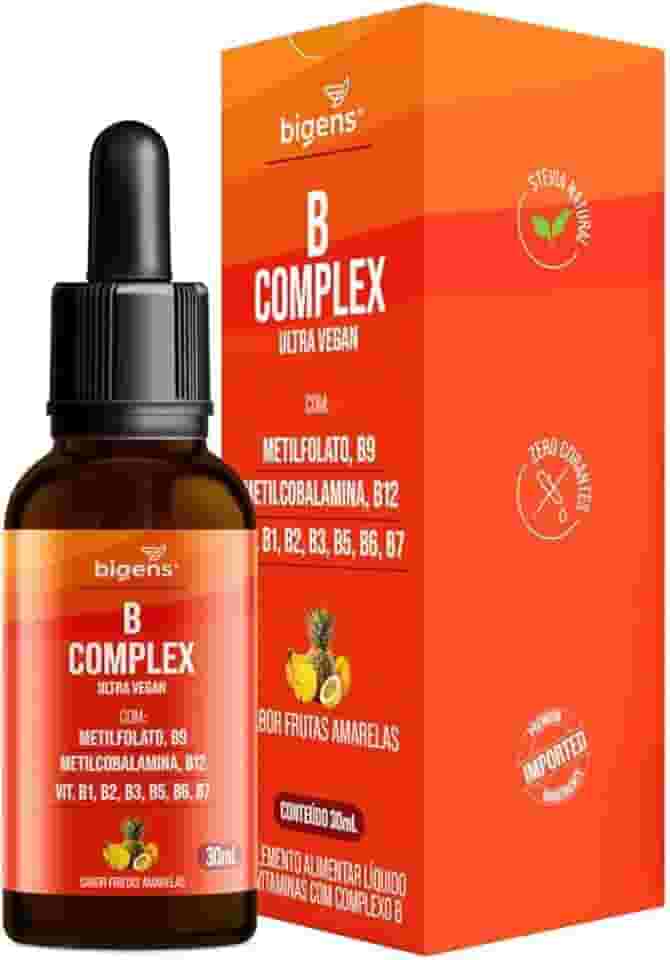B Complex Ultra Vegan, Vitaminas do Complexo B em Gotas Sublingual, Sabor Frutas Amarelas, 30ml, Bigens