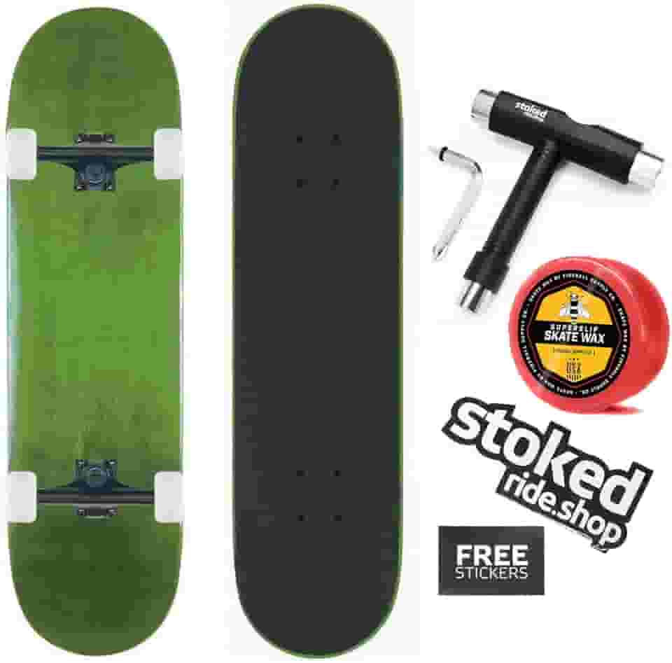 Stoked Ride Shop Skate completo - Madeira de bordo feita nos EUA - Prancha de skate para adultos, crianças, meninas e meninos - totalmente montada com cera, ferramenta de skate e adesivos
