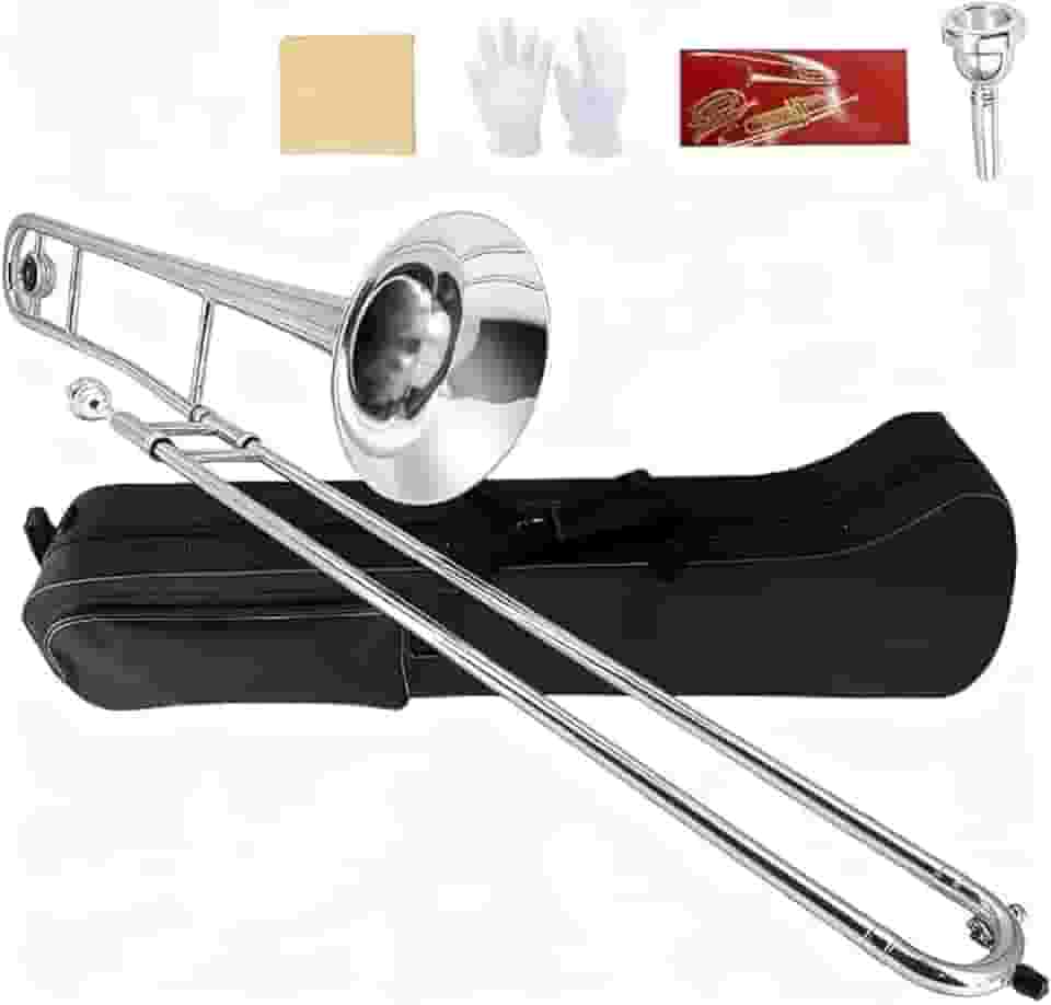 Trombone Bb Tenor Slide B Flat Gold Brass Plated Trombone para iniciantes e adultos com estojo de transporte de bocal luvas brancas pano de limpeza (prata)