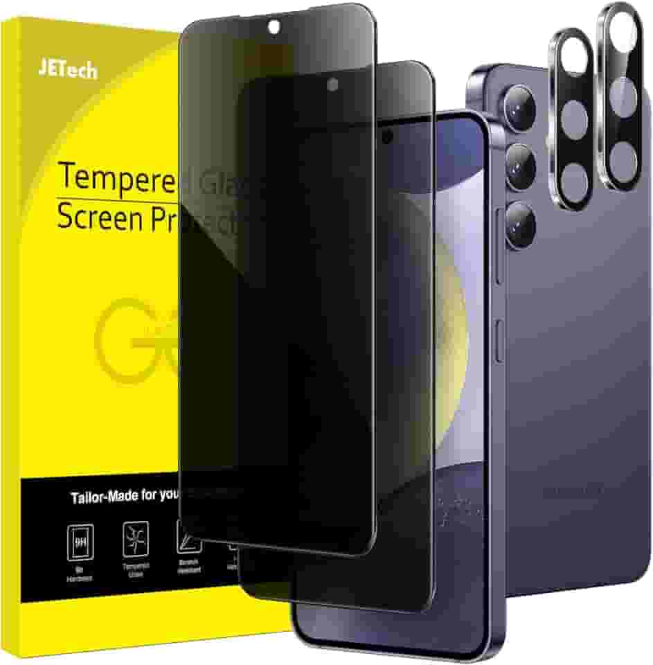 JETech Película de Vidro Temperado de Privacidade para Samsung Galaxy S24+ / S24 Plus 5G 6,7 Polegadas com Protetor Lente Câmera, Protetor de Tela Anti-Espionagem, 2 Pacotes Cada