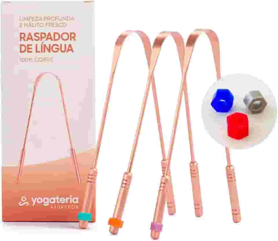YOGATERIA Kit limpador Raspador de língua Cobre Ayurvédico 100% Puro | Elimina o Mau Hálito Toxinas e Resíduos | Fácil de limpar | Antibacteriano Higiênico e Durável (3 Unds)