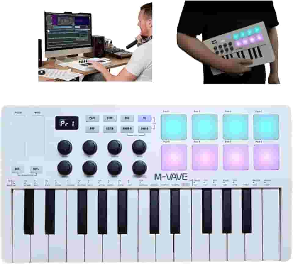 M-VAVE Controlador MIDI Bluetooth 25 Teclas com 8 Pads RGB, Bateria de 16h e Teclado Dinâmico - Compatível com Ableton/FL Studio/iOS/Android (Branco)-embalagem original Autêntico