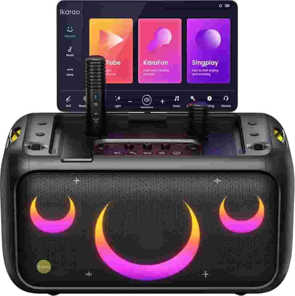 Speaker de Karaokê Profissional Ikarao Break X1 com Tela Touch 13.3" Android, 2 Microfones Sem Fio Recarregáveis, Som Potente 460W e Portátil para Festas e Eventos