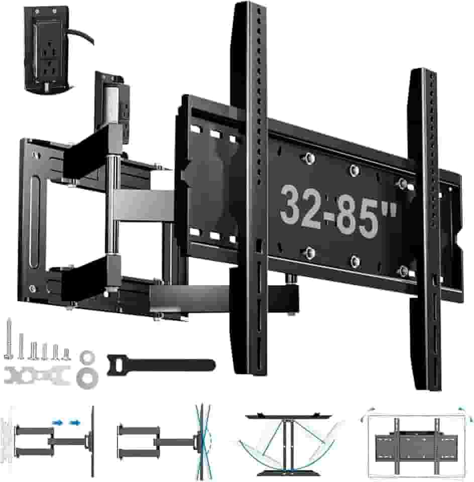 Suporte de Parede Multiarticulado Reforçado, TVs de 32'' a 85'' com Maior Comprimento de Braço, Com Tomada, Capacidade Máxima de 60 kg, Preto
