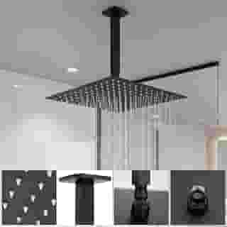Ducha Chuveiro Quadrado Slim Inox de Teto 20x20 Preta Braço 25cm Banheiro