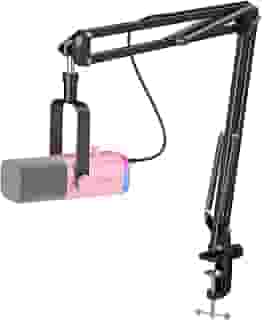 FIFINE XLR Gaming Microfone USB,kit de microfone dinâmico para PC para vocal,gravação,podcast, streaming Microfone RGB com tomada para auscultadores,botão silenciar,Suporte braço da lança-AM8T Rosa