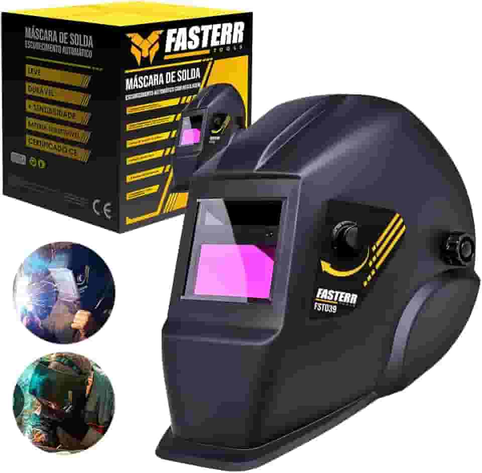 Máscara de Solda Automática Fasterr FST039 com Escurecimento Regulável DIN 9-13, Função Moagem e 2 Sensores ARC – Proteção UV/IR e Classe Óptica 1/1/1/2