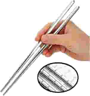 Kit 5 Pares de Hashis em Aço Inox, Ranhuras Antideslizantes, Reutilizável para Comida Asiática Coreana