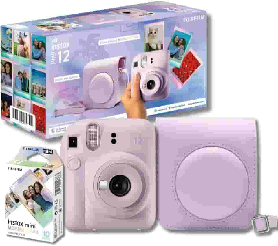 Kit Câmera Instax Mini 12 com pack 10 fotos Mermaid Tail e Bolsa Lilás