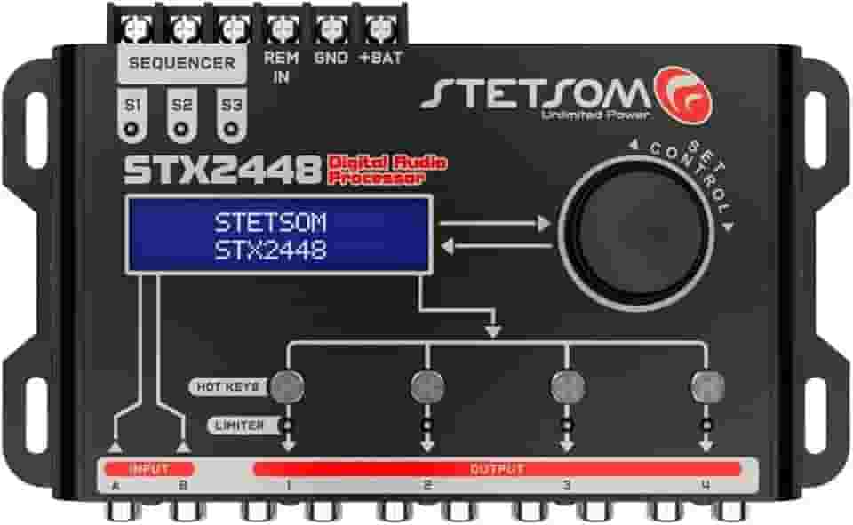 Processador de Audio Digital Stetsom STX2448 Equalizador Crossover 2 Canais 4 Vias Som Automotivo