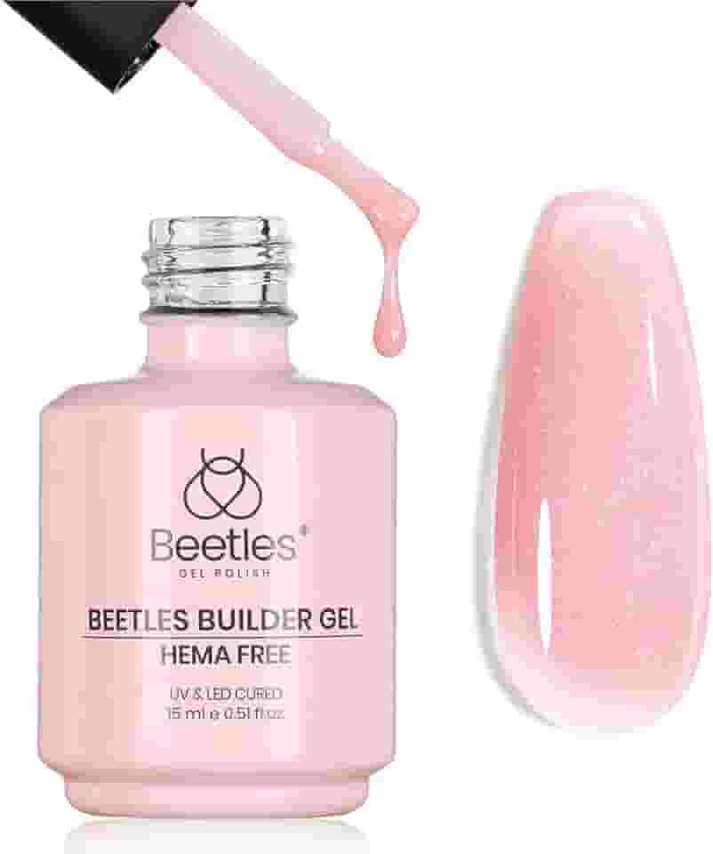 Beetles Builder Gel para unhas sem HEMA, 15 ml, 7 em 1, gel de unhas com glitter rosa para ápice e extensão de unhas, design de arte de unhas fortalecedor para mulheres iniciantes, lâmpada UV e LED