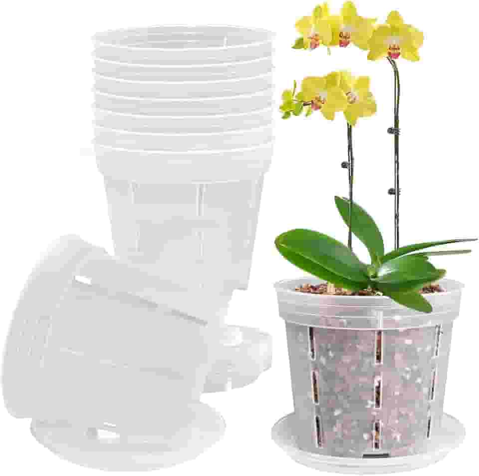 Pote de orquídea, pacote com 9, 10 cm L × 8 cm A, vasos de orquídea com furos e 9 pires, vaso de plástico transparente com fenda respirável para replantar orquídeas, Phalaenopsis para
