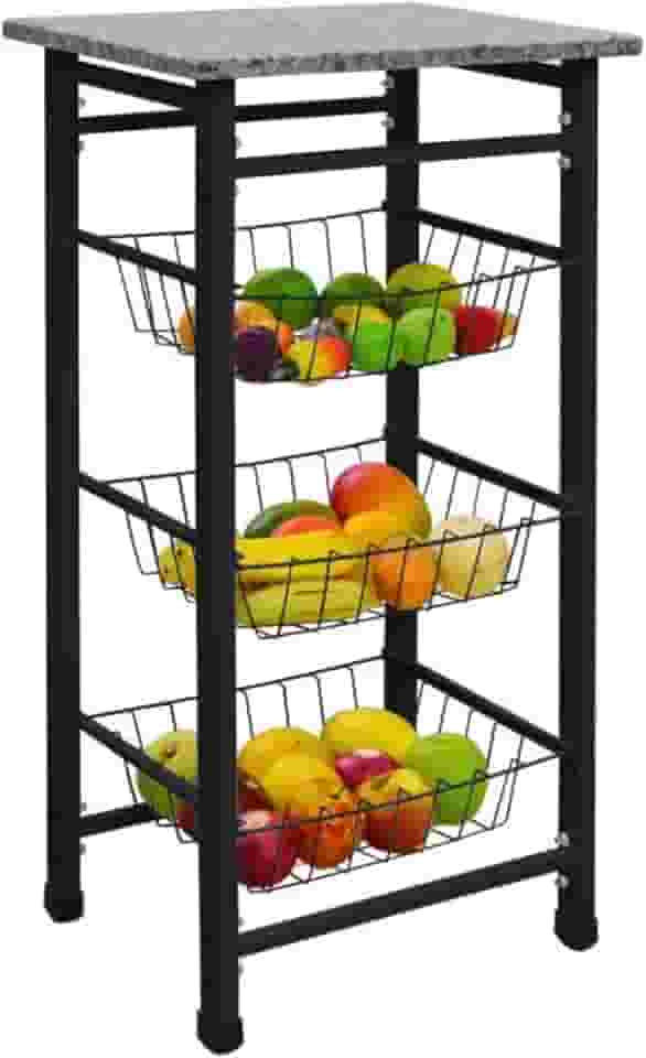Fruteira Chão Cozinha Trés Cestos Removiveis Tampo de pedra Granito preto